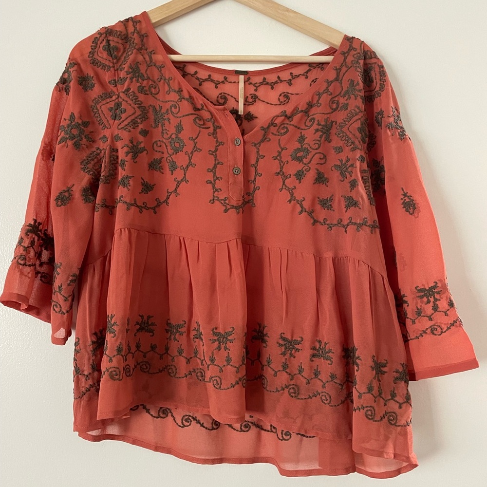 Free People Embroidered Red Top